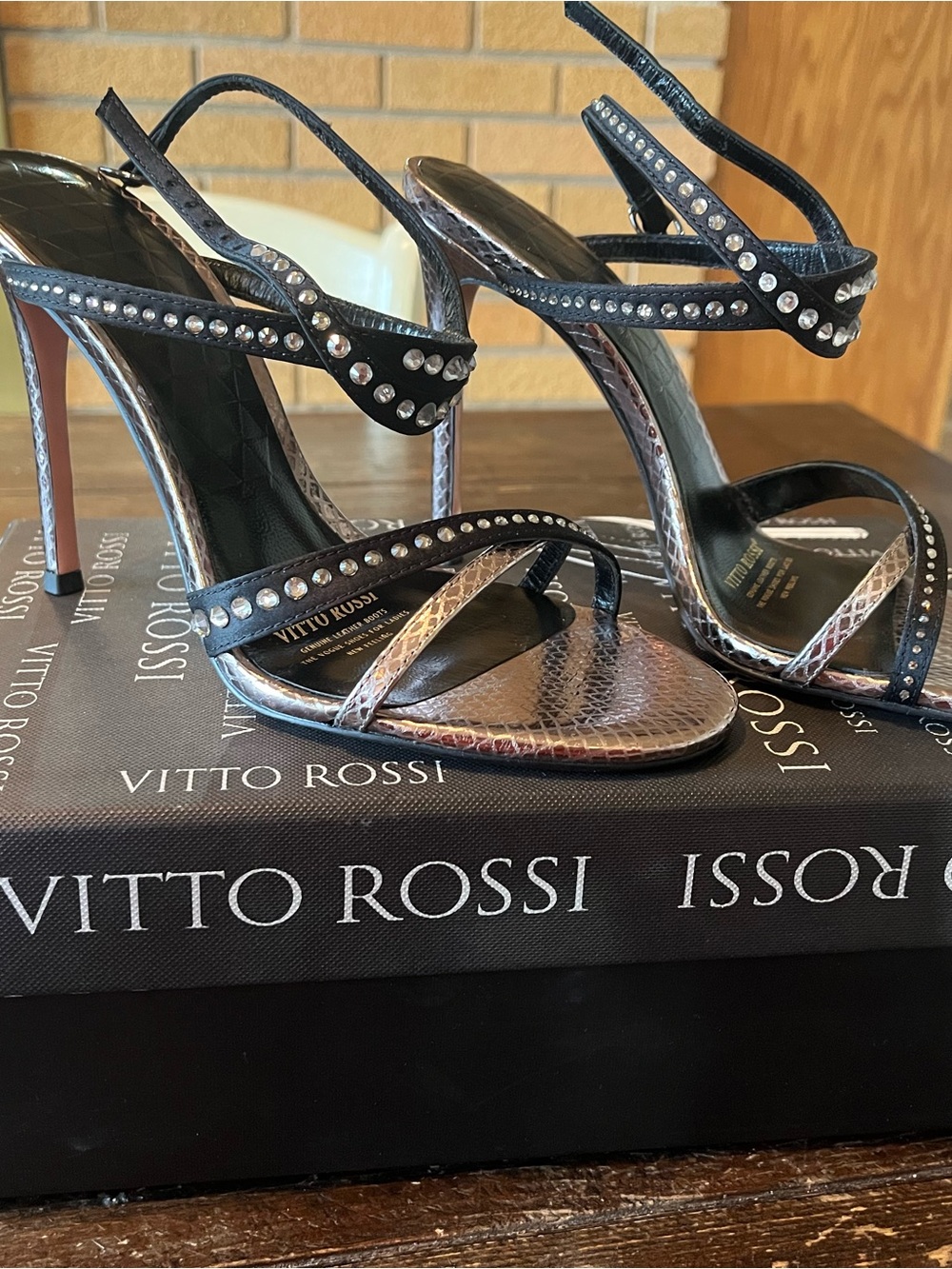 Black & Metallic Silver Strappy Crystal Stiletto Sandals Size 37